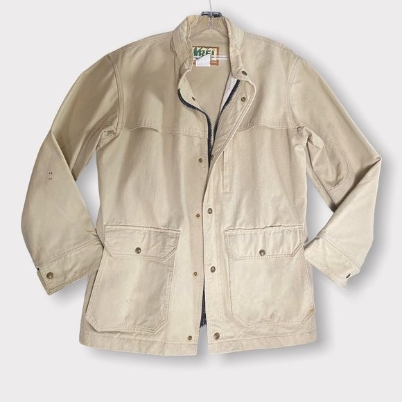 Vtg REI Co op beige utility cargo jacket/coat mens XL (packed hood) heavy canvas - Picture 3 of 16